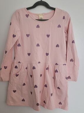 🧸2/20$ H&M Pink Long-Sleeve Dress Purple Glitter Heart Print Size 6-8T Girl